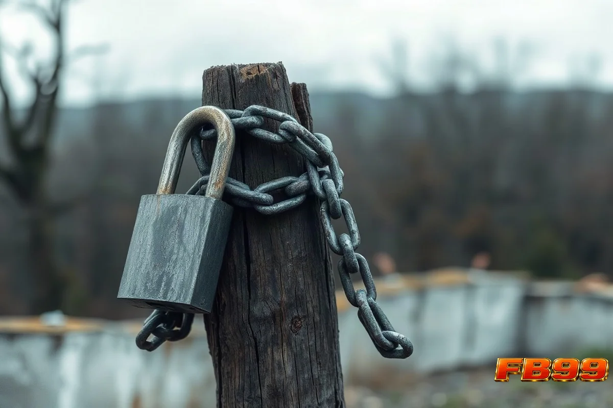 পুরনো কাঠের খুঁটিতে মোটা শিকল ও ইস্পাতের তালা, মেঘলা আবহাওয়া