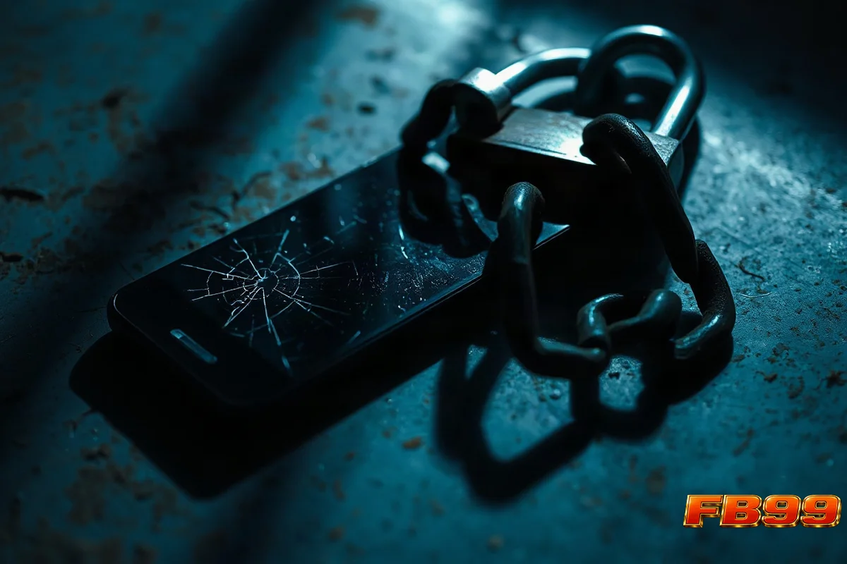 ভুয়া APK ও ম্যালওয়্যার ঝুঁকি বোঝাতে ফাটা স্মার্টফোনের স্ক্রিনে তালা ও চেইন