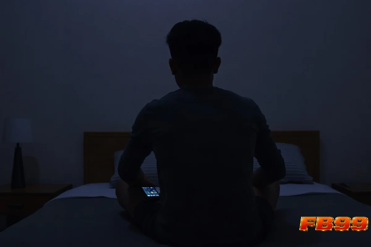 বিছানায় বসে স্মার্টফোন হাতে তরুণ, পিছন থেকে দেখা যাচ্ছে