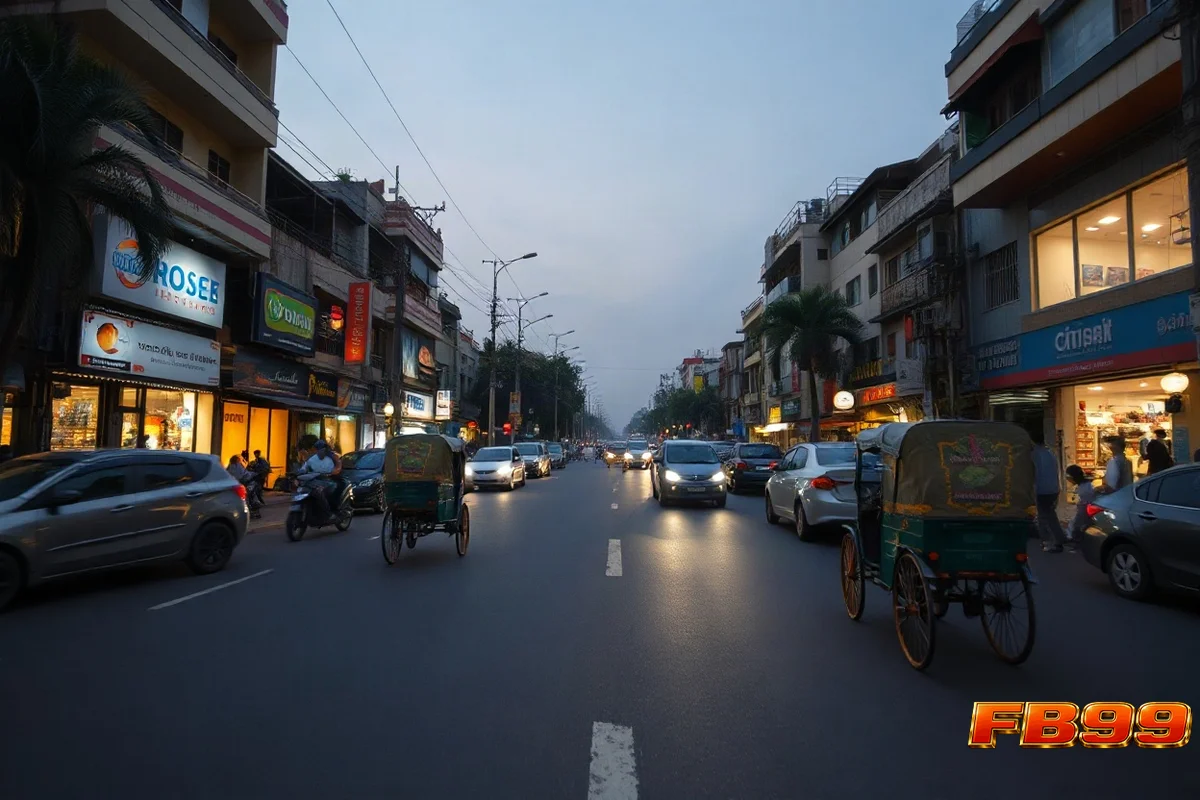 সন্ধ্যায় ব্যস্ত শহরের রাস্তা, দোকানের আলো ও রিকশার ছবি