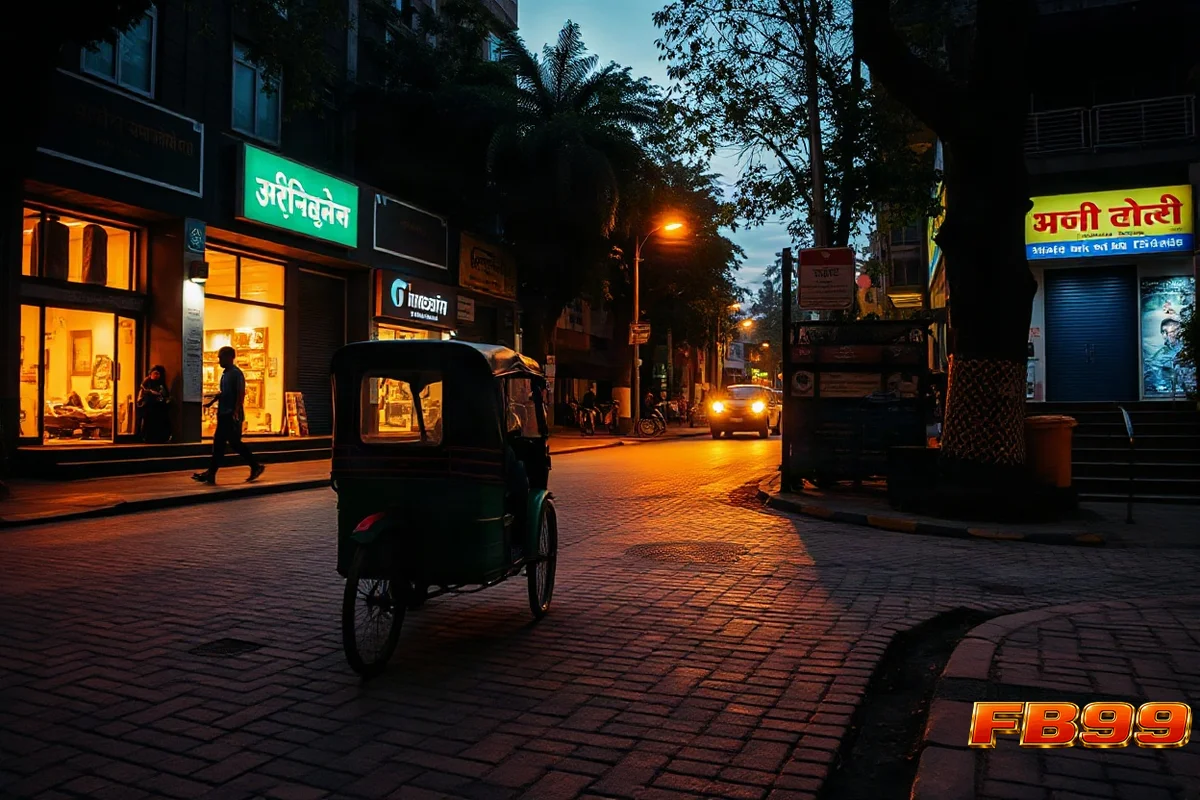 সন্ধ্যায় ঢাকার পথ, জ্বলজ্বলে দোকান, রিকশার ছায়া, উষ্ণ আলো