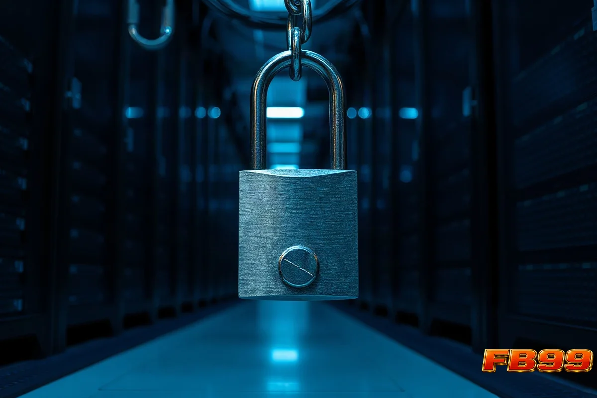 ডেটা সেন্টারে স্টিলের তালা ও চেইন দিয়ে নিরাপত্তার প্রতীক