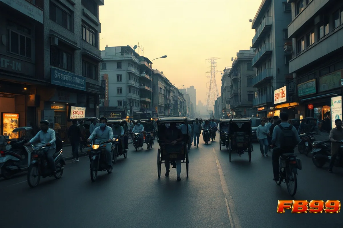 এশিয়ার ব্যস্ত শহরের রাস্তা সন্ধ্যায়, পথচারী ও রিকশায় ভিড়, নিয়ন আলোয় ভেজা ফুটপাত।