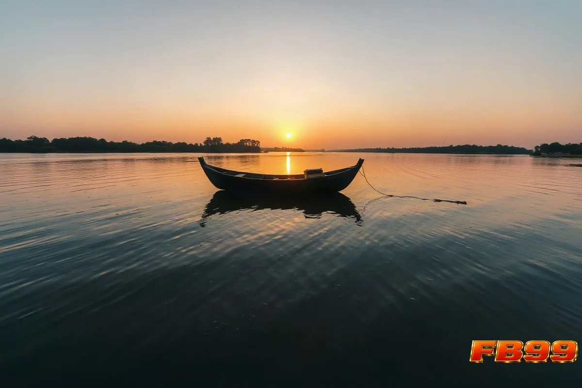 সূর্যাস্তে শান্ত নদী, খুঁটিতে বাঁধা ছোট নৌকা, দূরে গাছ, সোনালি আলো।