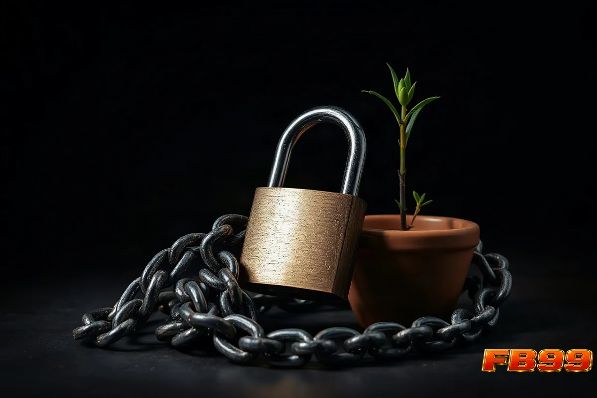 শক্তিশালী তালা ও চেইনের পাশে ছোট গাছের টব, নাটকীয় আলোয় সাজানো স্থিরচিত্র।