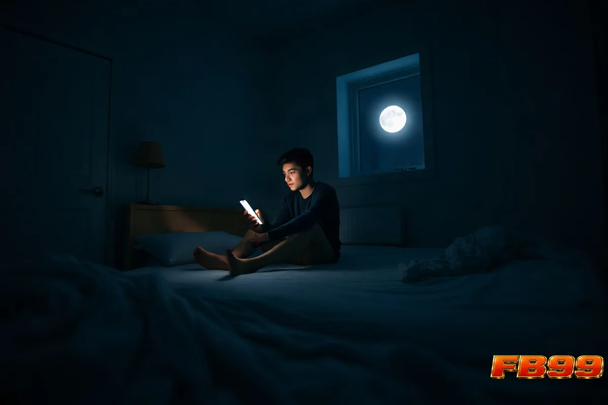 রাতে বিছানায় বসে স্মার্টফোনে লগইন সমস্যায় থাকা একজন তরুণের ছবি