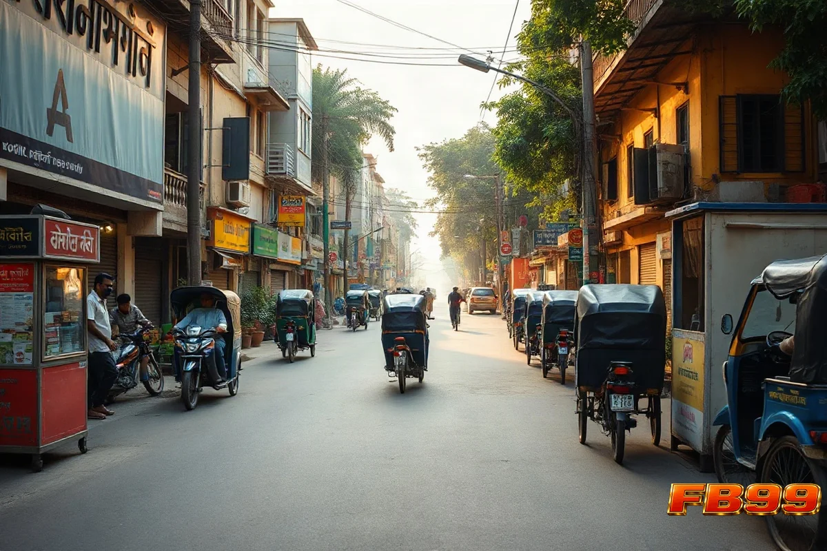 ঢাকার ব্যস্ত রাস্তায় মোবাইল ব্যাংকিং কিয়স্ক ও রিকশা, বিকেলের আলো।